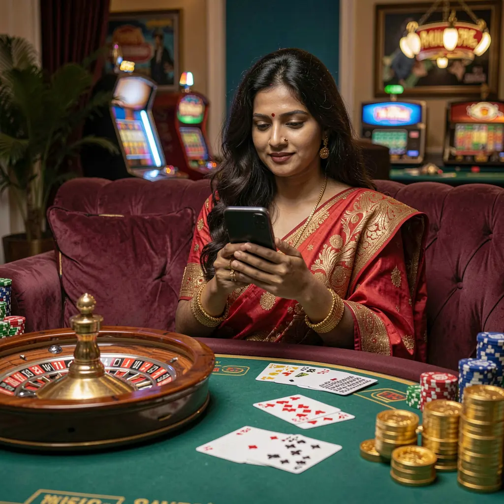 Elegant Bangladeshi woman relaxing on a sofa while using the QQ777 casino app with floating gold coins cards and roulette behind her