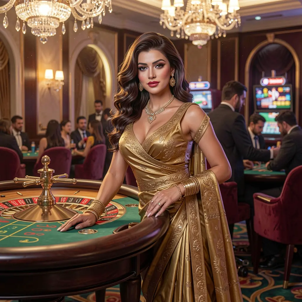 Stylish female dealer at a live roulette table with golden lighting and casino decor representing the immersive QQ777 live casino experience for players in Bangladesh